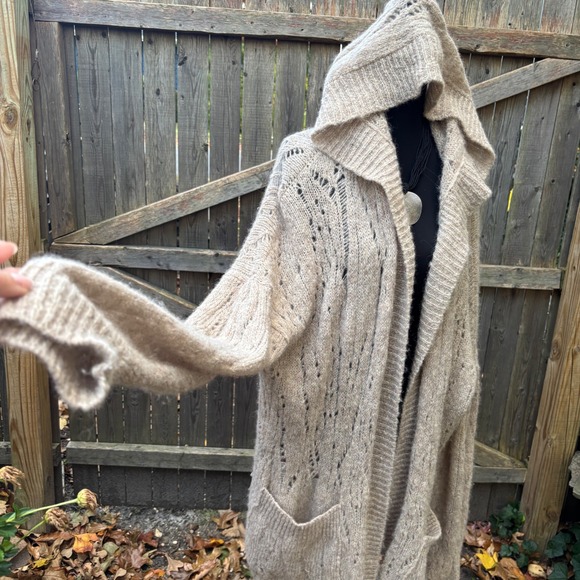 Free People Alpaca Blend Hooded Cardigan Sweater Open Front Oversized Beige boho - Picture 3 of 10